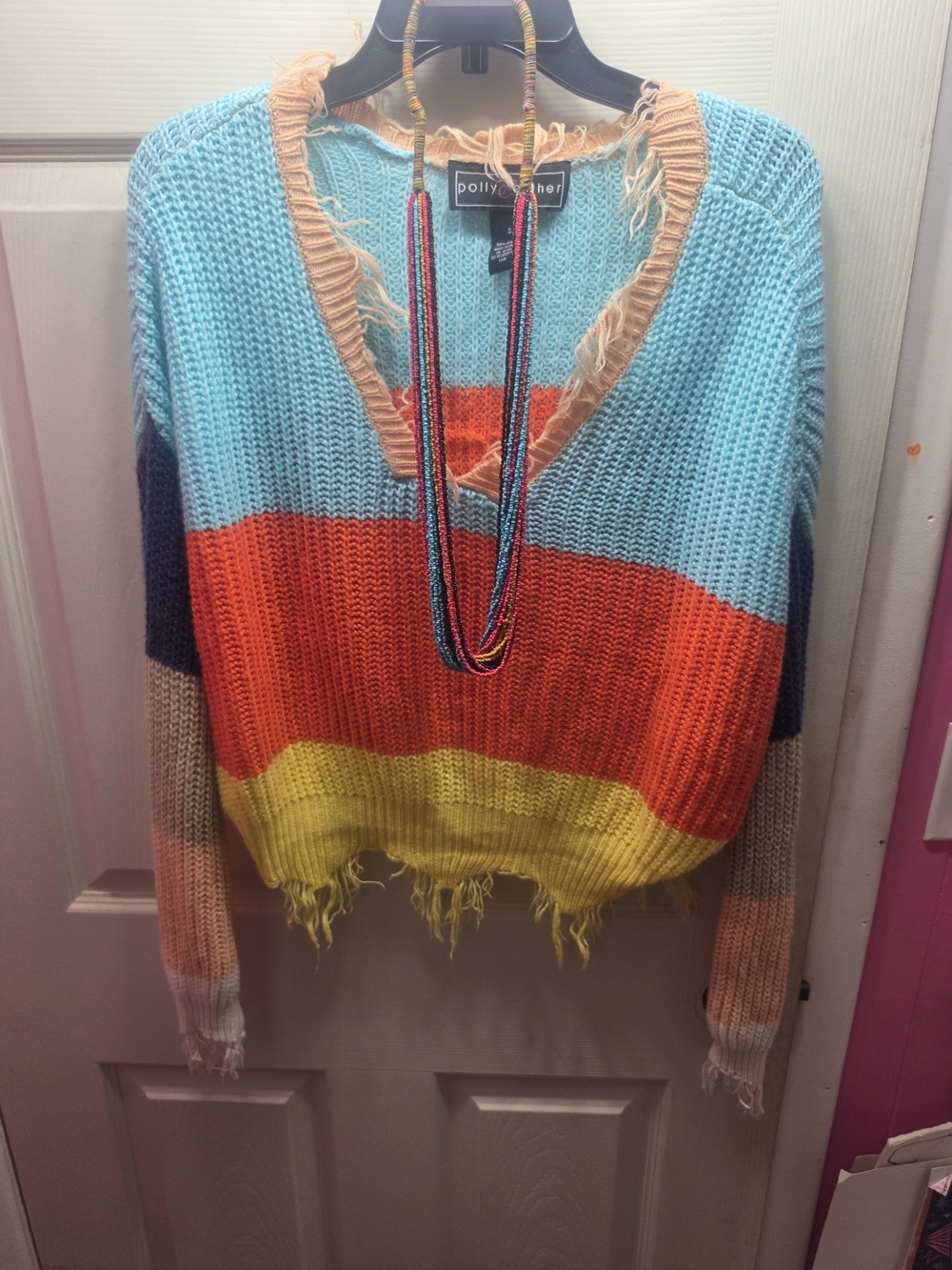 Polly & Esther Colorblock Distressed V-Neck Sweater — With Fringe Accents.